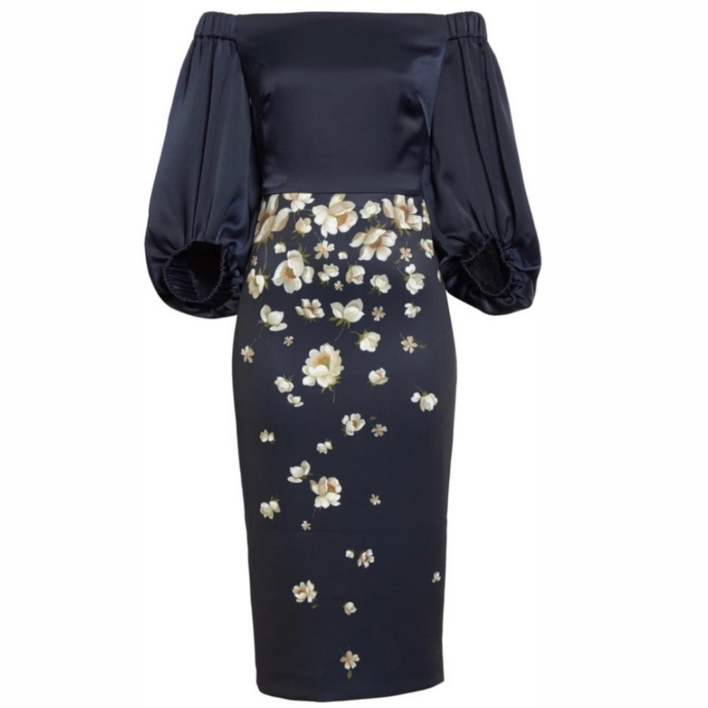 Ted Baker Navy Satin Off-Shoulder Midi Dress with Cream Floral Print